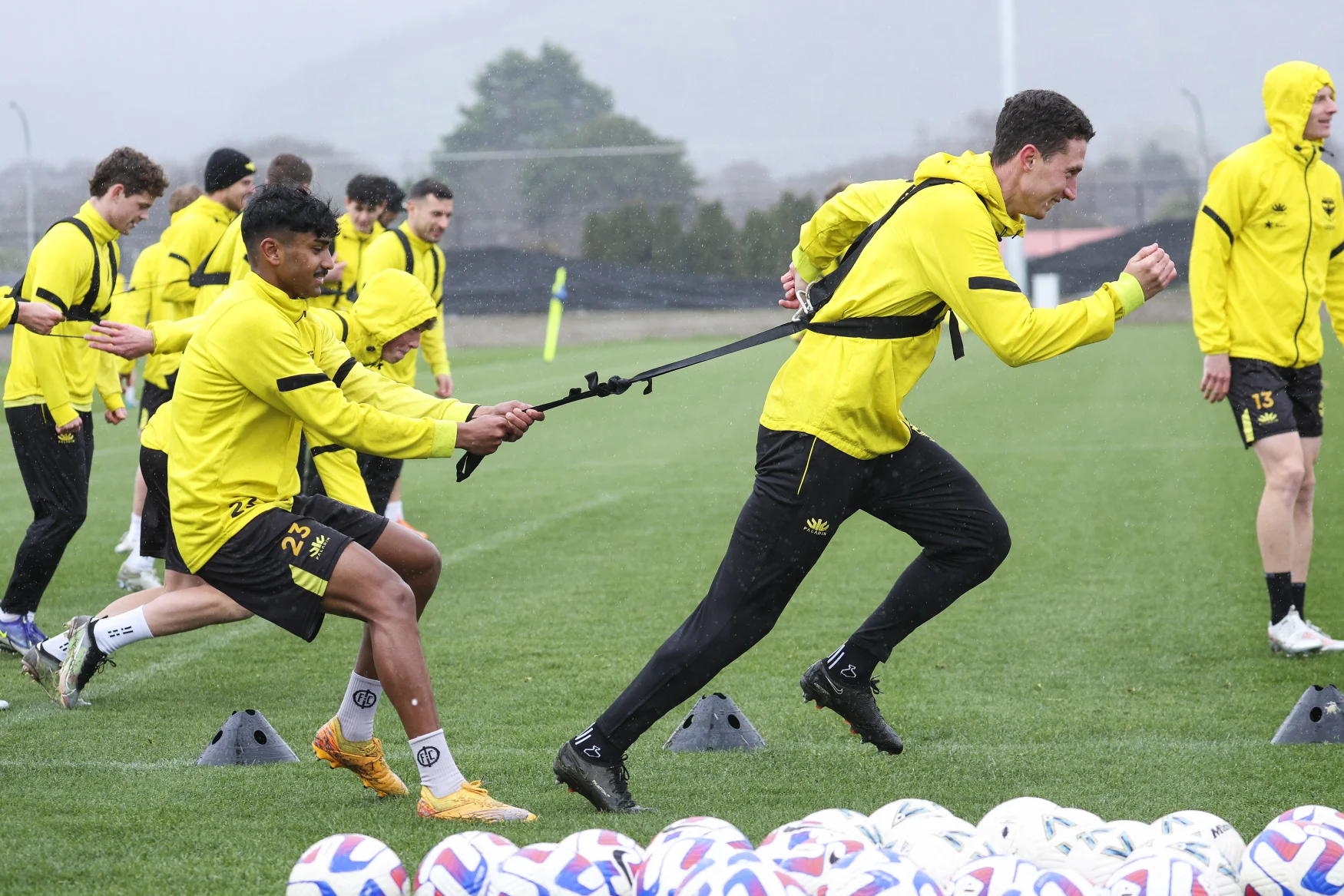 WELLINGTON, NEW ZEALAND - AUGUST 02: Seth Karunaratne (L) and Bozhidar Kraev take part in a drill during a Wellington Phoenix training session at NZCIS on August 02, 2023 in Wellington, New Zealand. (Photo by Hagen Hopkins/Getty Images)